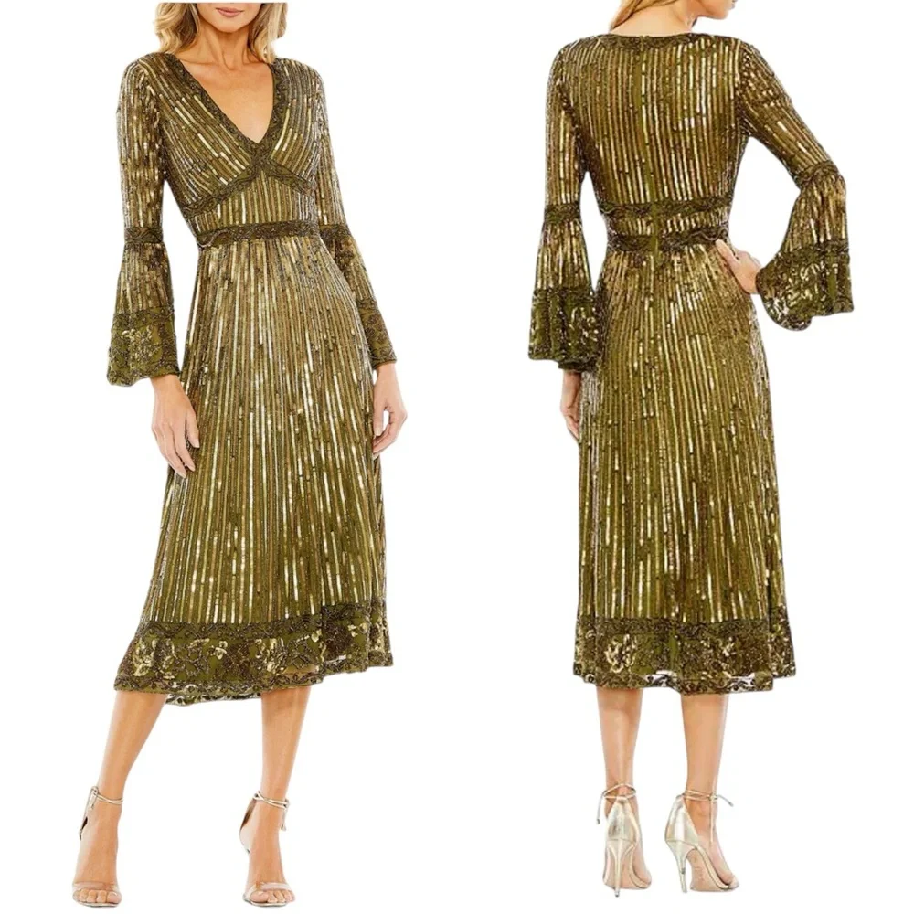 Mac Duggal Green Embellished 3/4 Sleeve V Neck A Line Dress Size 6 - Picture 3 of 11